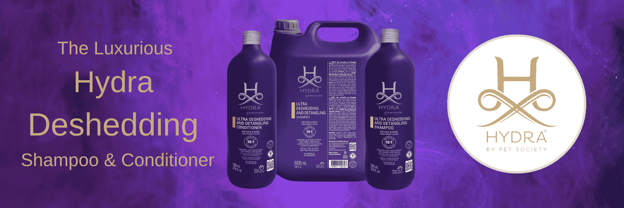 Purple shampoo and conditioner bottles with Hydra logo on a purple background