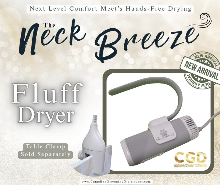 Neck Breeze Fluff Dryer with table clamp on a light background